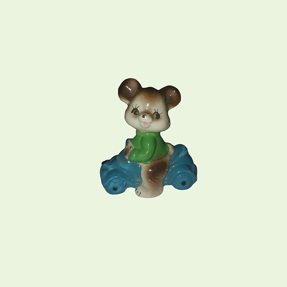 Vintage brown bear & blue car figurine